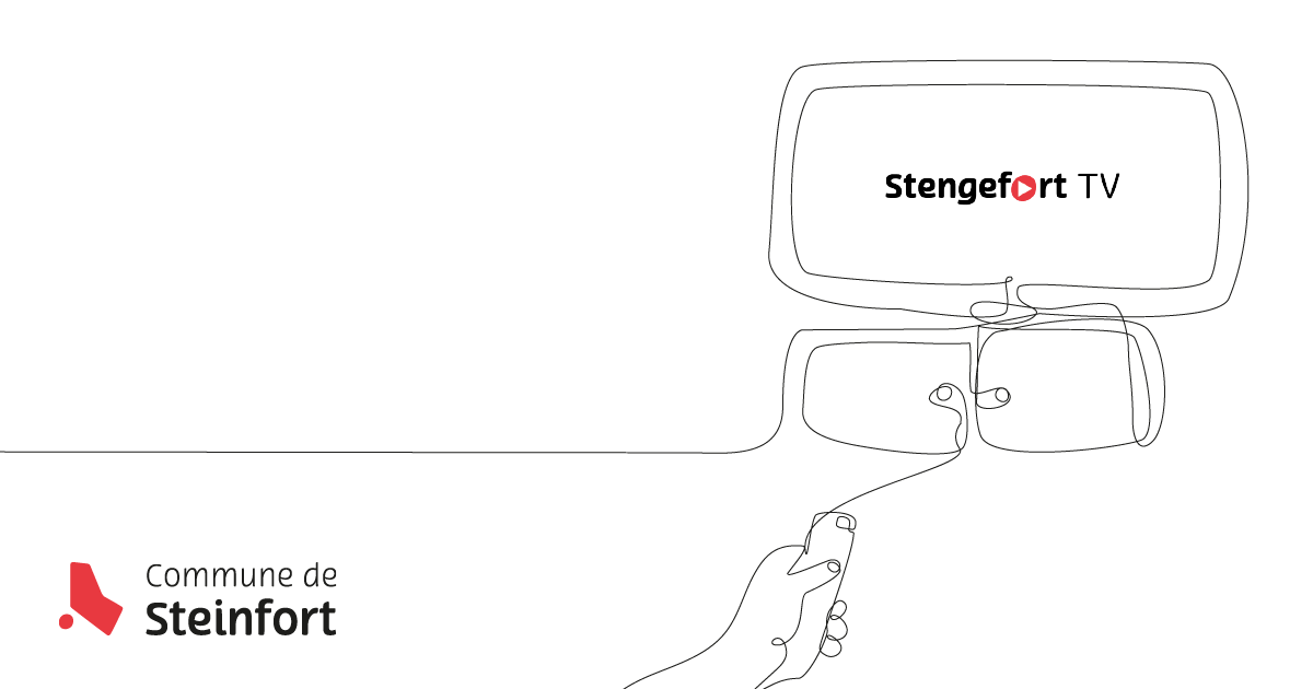 Logo « Stengefort TV » : illustration d'une télévision et d'une main tenant une télécommande, avec le logo de la Commune de Steinfort.