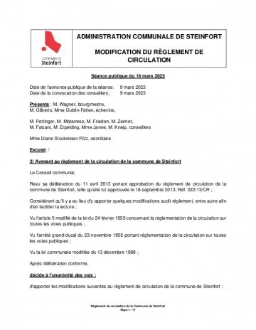 Avenant au règlement de la circulation de la commune de Steinfort