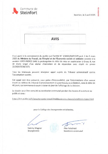 Etablissements classés - arrêté 320230107179 prol. 2