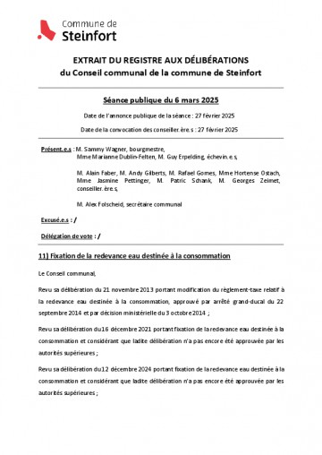Règlement communal - Redevance eau destinée à la consommation