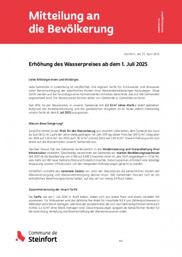 Avis - Erhöhung des Wasserpreises 01.07.2025