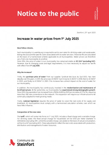 Avis - Increase in water prices 01.07.2025