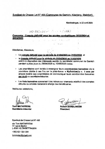 Syndicat de Chasse lot n°465 Compte définitif années 23-24 et 24-25