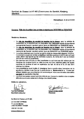 Syndicat de Chasse lot n°465 Rôle de répartition années 23-24 et 24-25