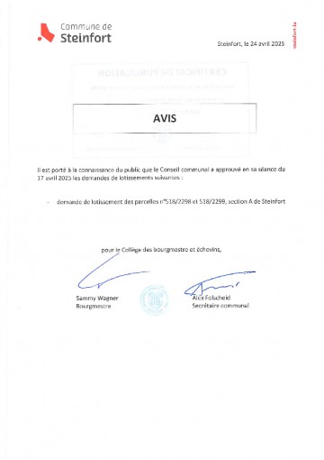 Avis au public - approbation demande de lotissement