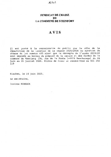 Syndicat de chasse - rôle de de répartition et décompte