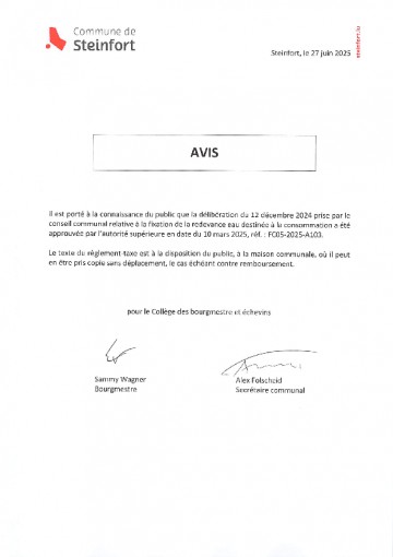 Avis au public - approbation ministérielle - taxe eau