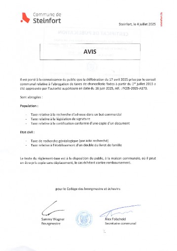 Avis au public - abrogation de taxes de chancellerie