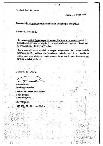 Syndicat de Chasse 448 Capellen - Compte def. 2024-2025