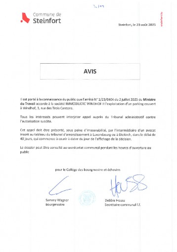 Avis au public Arrêté 123044