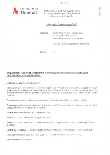 Regl. temp. de la circulation - VELOSTOUR à Steinfort