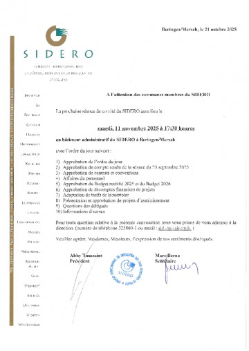 Convocation Séance de Comité V 2025 du SIDERO du 11112025 CommunesS