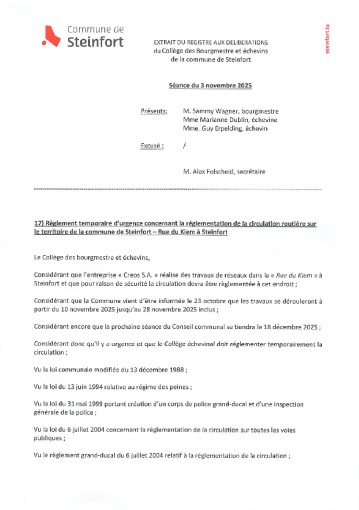 CBE-03112025 - 17) Regl. temp. de la circulation - rue du Kiem à Steinfort