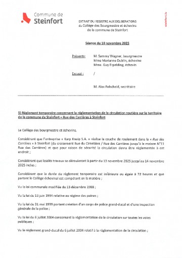 Regl. temp. de la circulation - Rue des Carrières à Steinfort