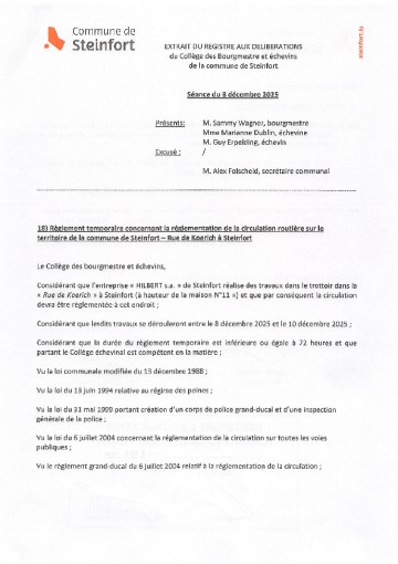 Règl. temp. de la circulation - Rue de Koerich à Steinfort