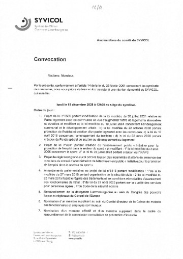 SYVICOL - Convocation du 15.12.2025