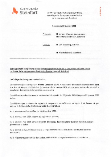 Règl. temp. de la circulation - rue de Hagen à Steinfort