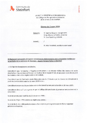 Règlement temp. de la circulation - Square Patton à Steinfort