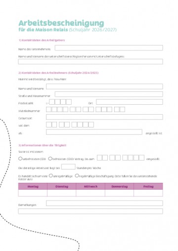 DE - Arbeitsbescheinigung für das Schuljahr 2026 - 2027