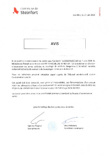 Arrêté n°120260160119 - Immobilière Windhof II SA