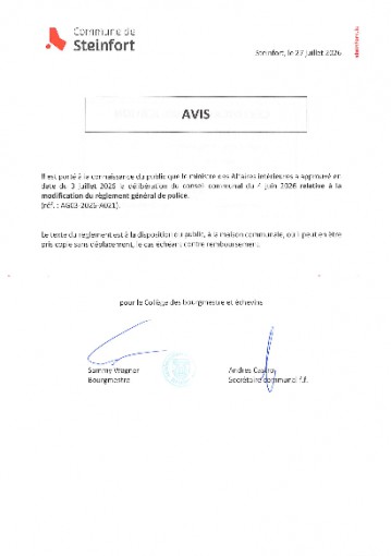 Avis au public - Approbation Règlement général de police