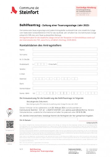Beihilfeantrag - Zahlung einer Teuerungszulage (subvention de vie chère 2023)