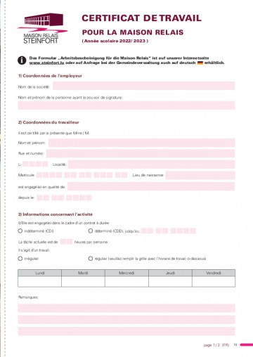 FR - Certificat de travail pour la maison relais 2022