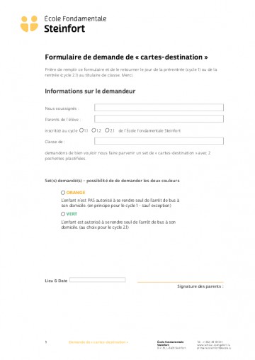 Formulaire de demande de cartes - destination