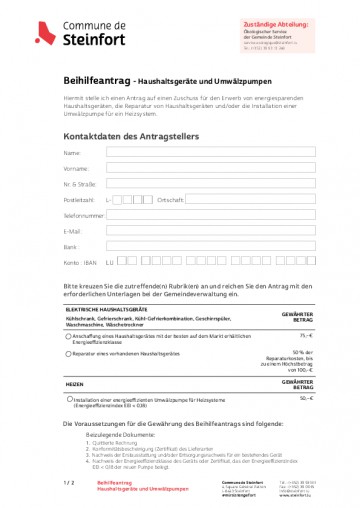 Beihilfeantrag - Haushaltsgeräte und Umwälzpumpen (Appareils et Pompes de circulation)