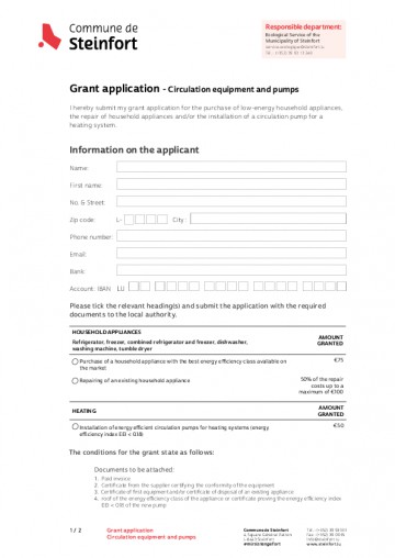 Grant application - Circulation equipment and pumps (Appareils et Pompes de circulation)