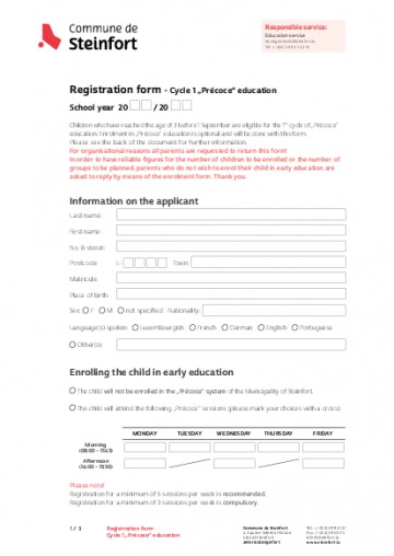 EN - Registration form pre-school Précoce education