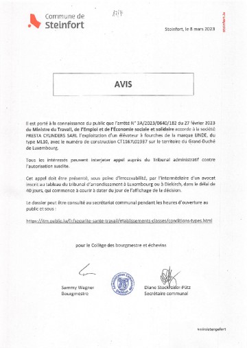 Avis au public Presta Cylinders Sarl 3A20230640182