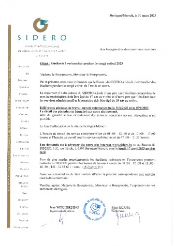 SIDERO Etudiants congé estival 2023