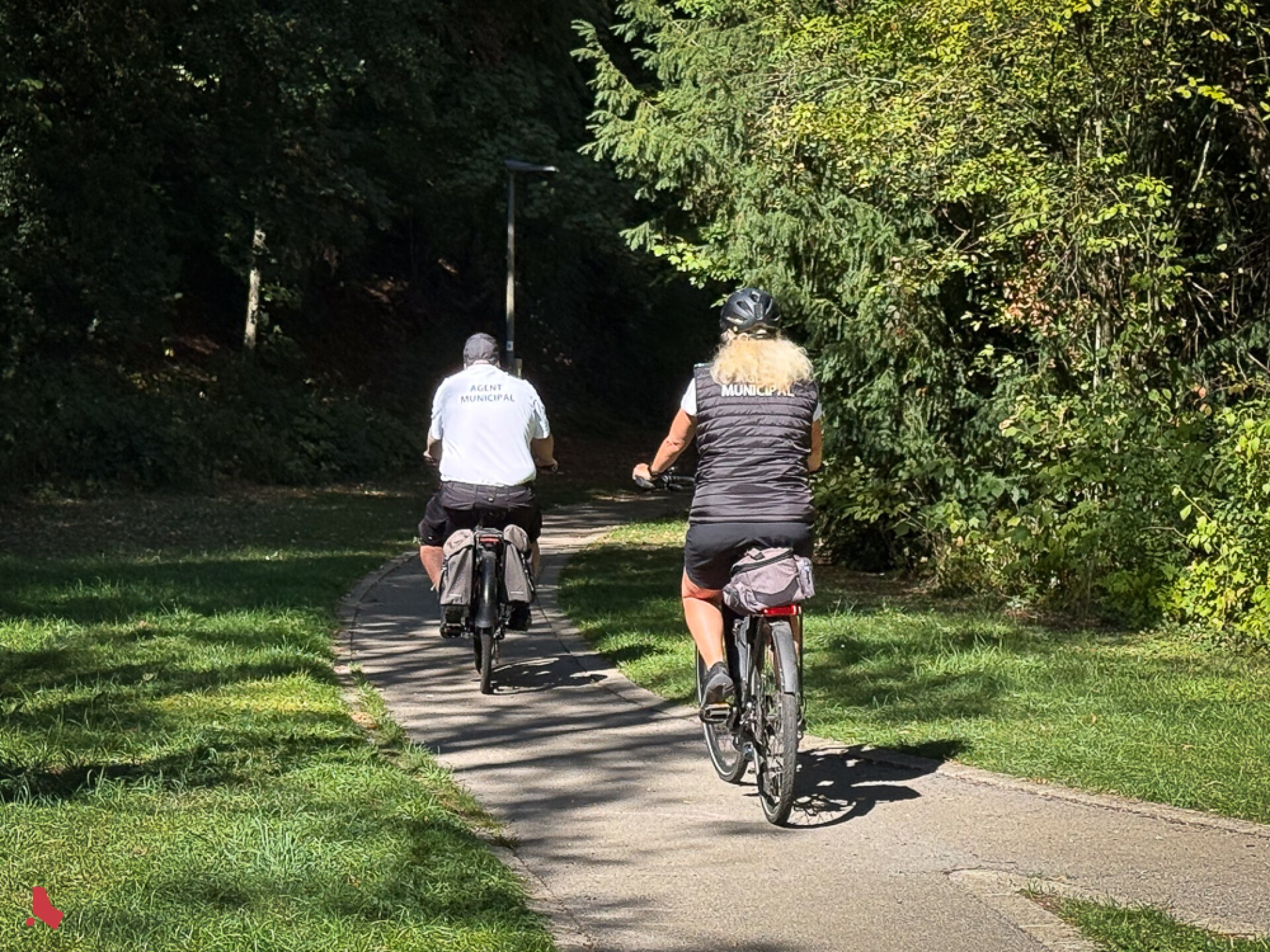 Deux agent·e·s municipaux·ales vu·e·s de dos, à vélo sur un chemin ombragé