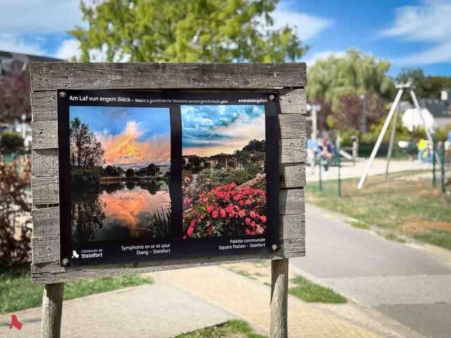 Panneau de l'exposition Billerwee « Am Laf vun engem Bléck » près d'une aire de jeux, avec les photos « Symphonie en or et azur » (étang) et « Palette communale » (square Patton)