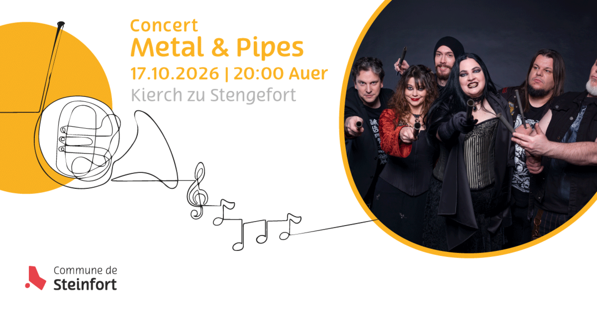 Concert « Metal & Pipes » le samedi 17 octobre 2026 à 20h00 à l'église de Steinfort, avec la photo des six musicien·ne·s