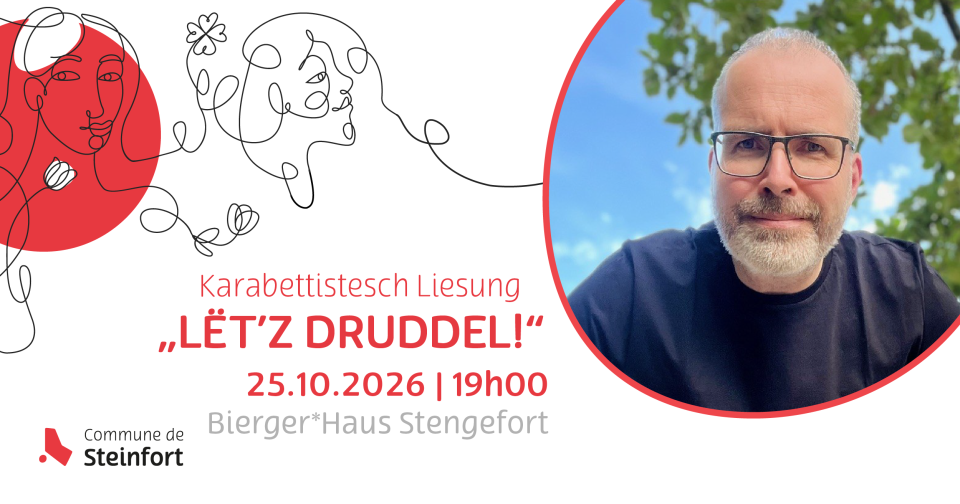 Lecture cabaret « Lët’z Druddel! » le dimanche 25 octobre 2026 à 19h00 au Bierger*Haus à Steinfort, avec la photo de l’artiste