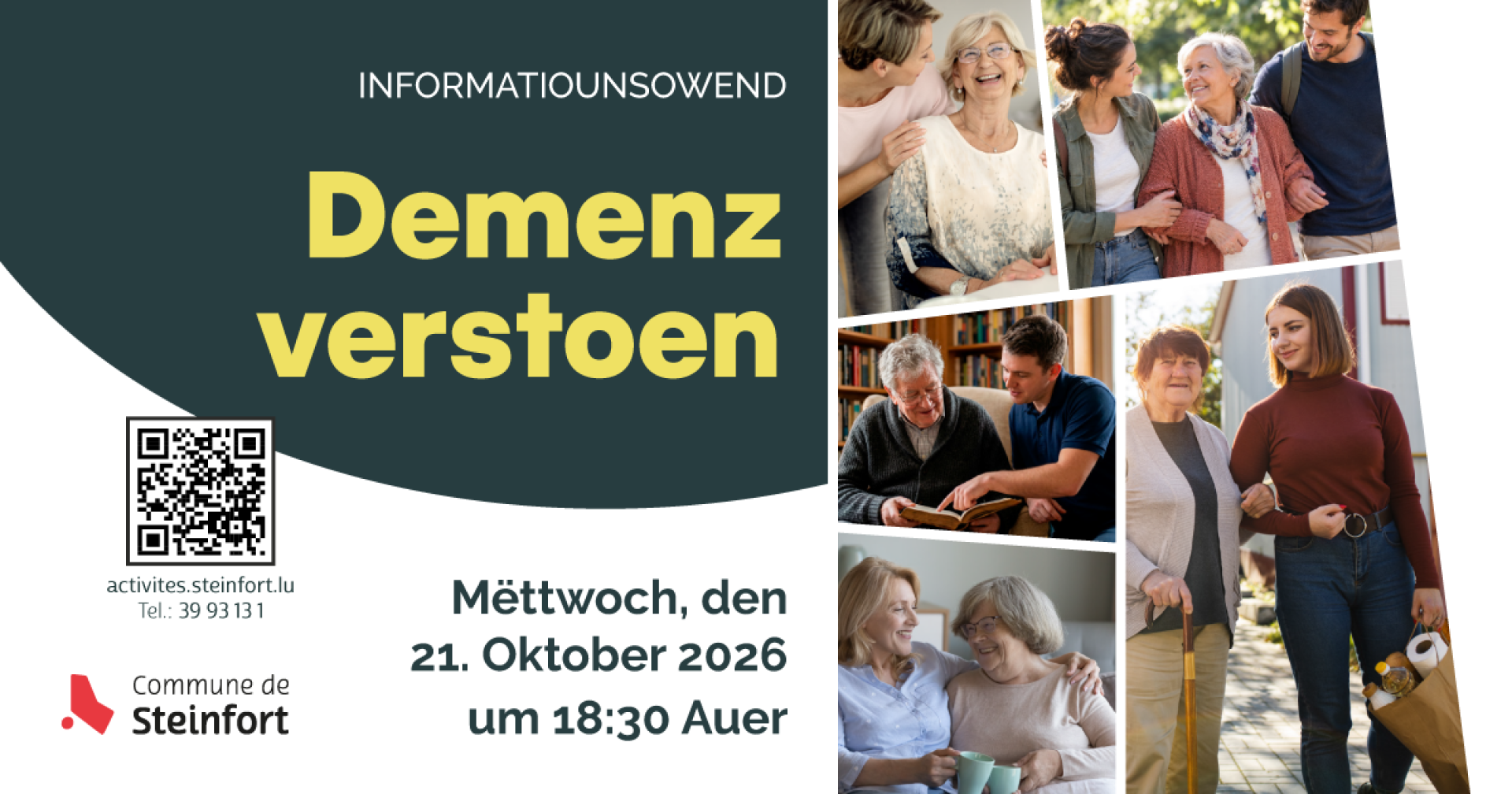 Informatiounsowend « Demenz verstoen » — mercredi 21 octobre 2026, 18h30. Inscription sur activites.steinfort.lu ou au 39 93 13 1.