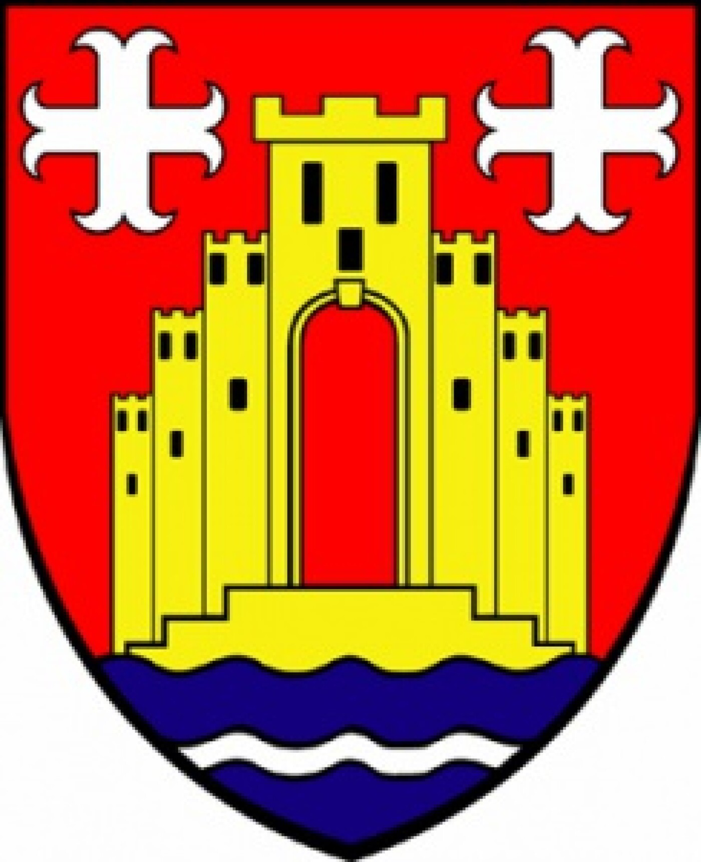 Wappen vu Stengefort : gielt Schloss mat Tierm op roudem Hannergrond, wäiß Krëizer, bloe Basis mat Wellen