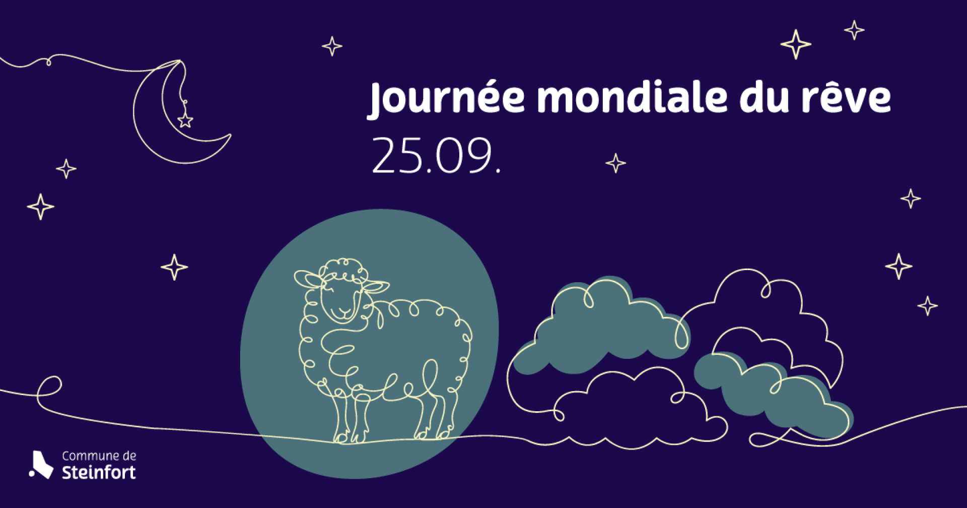 Journée mondiale du rêve, 25 septembre : un mouton dessiné au trait devant la lune, dans un ciel étoilé