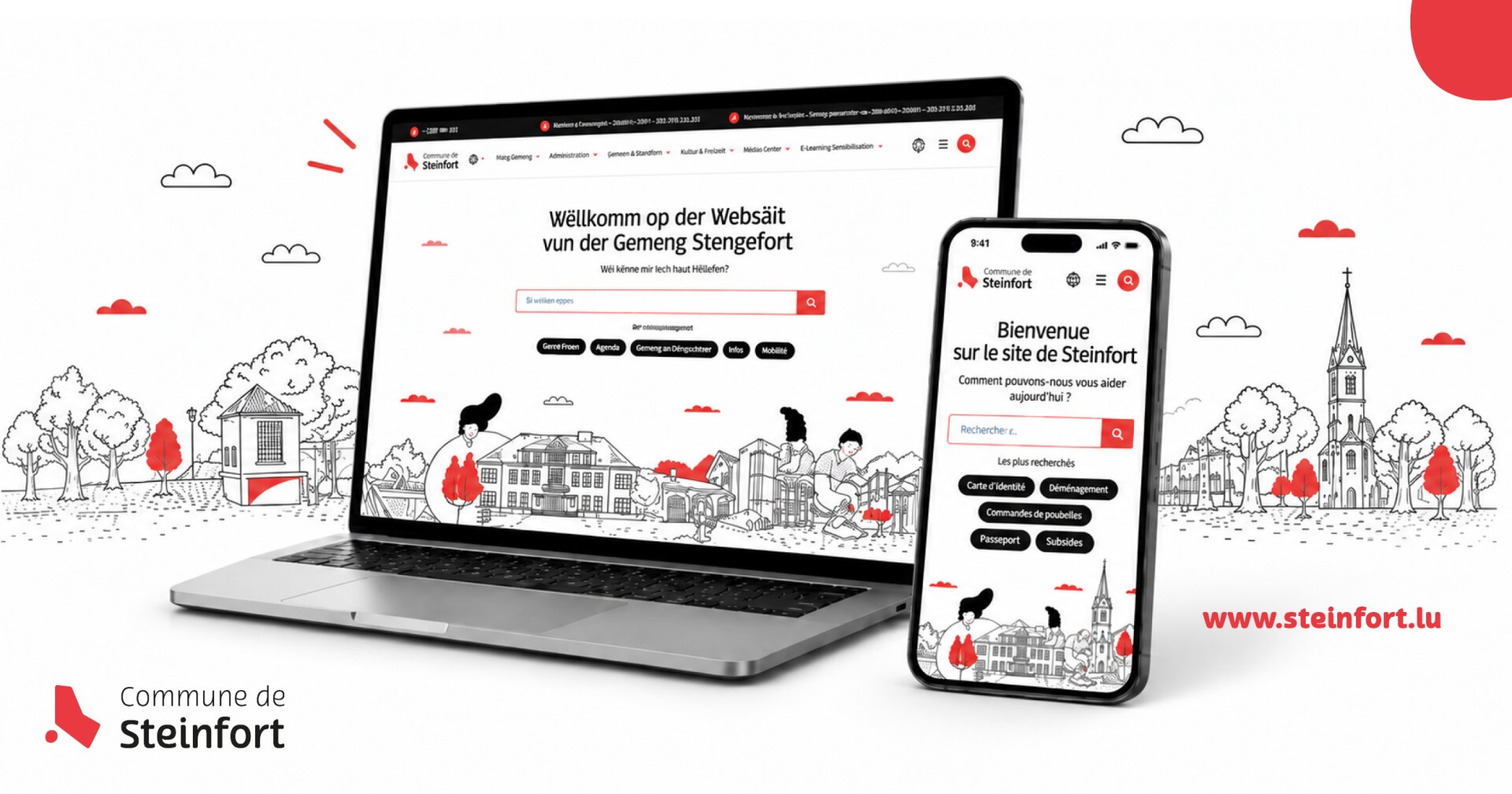 Le nouveau site de la Commune de Steinfort affiché sur un ordinateur portable et un smartphone. Adresse : www.steinfort.lu