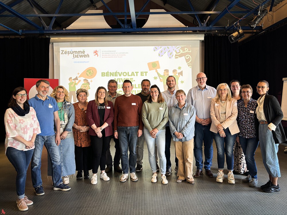 Photo de groupe des participant·e·s à l'atelier citoyen sur le bénévolat, devant l'écran de présentation, le 12 avril 2025